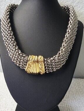 Silver Tone Multi Strand Mesh Collar Necklace Gold Tone Magnetic Clasp Statement